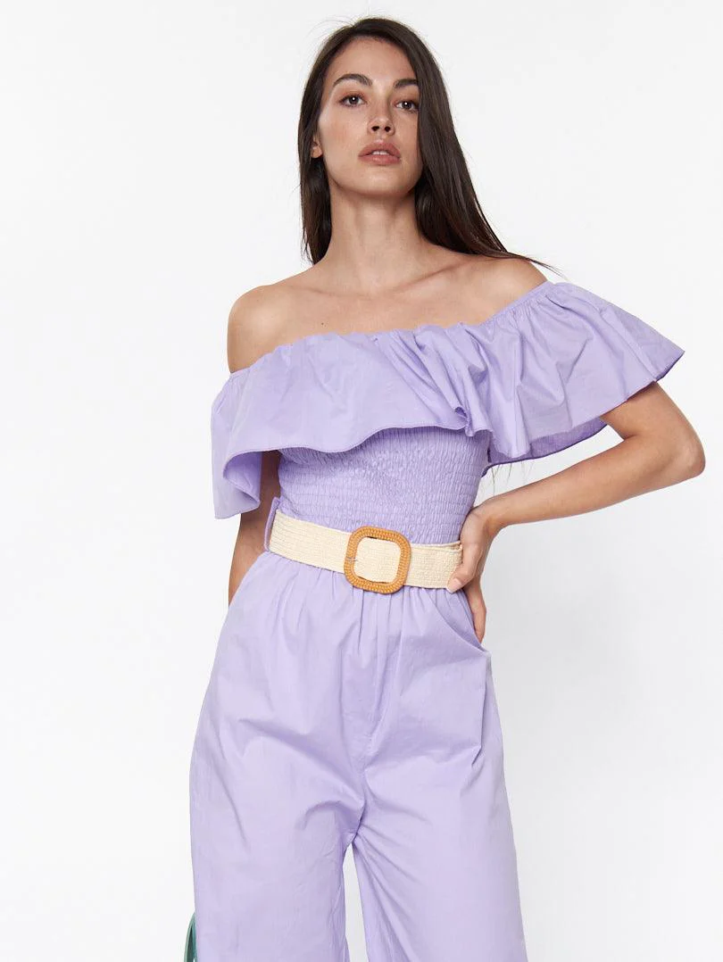 Combinaison pantalon col bardot avec ceinture - Image 3