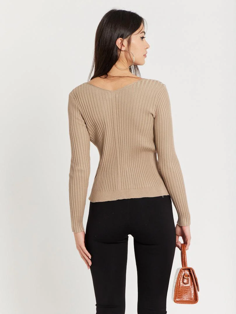 Gilet maille fine fermeture broche Beige sable - Image 6